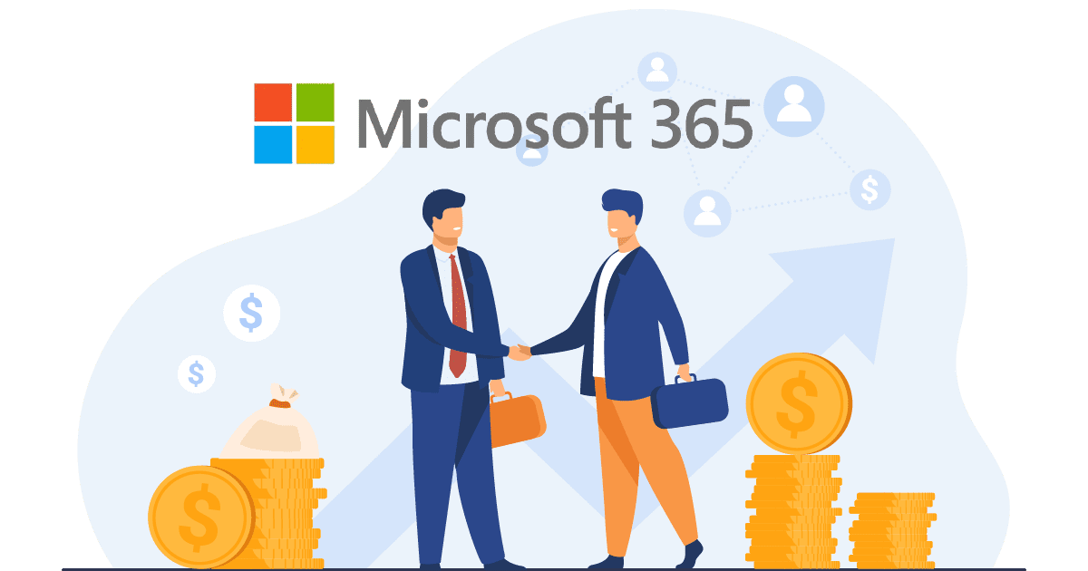 A graphic of two men shaking hands surrounded by money and the microsoft 365 logo, representing the new microsoft price increase
