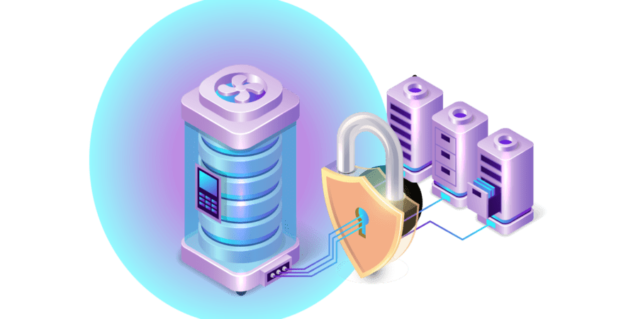 An graphic of several internet servers with a lock over them. Representing DDoS attack prevention