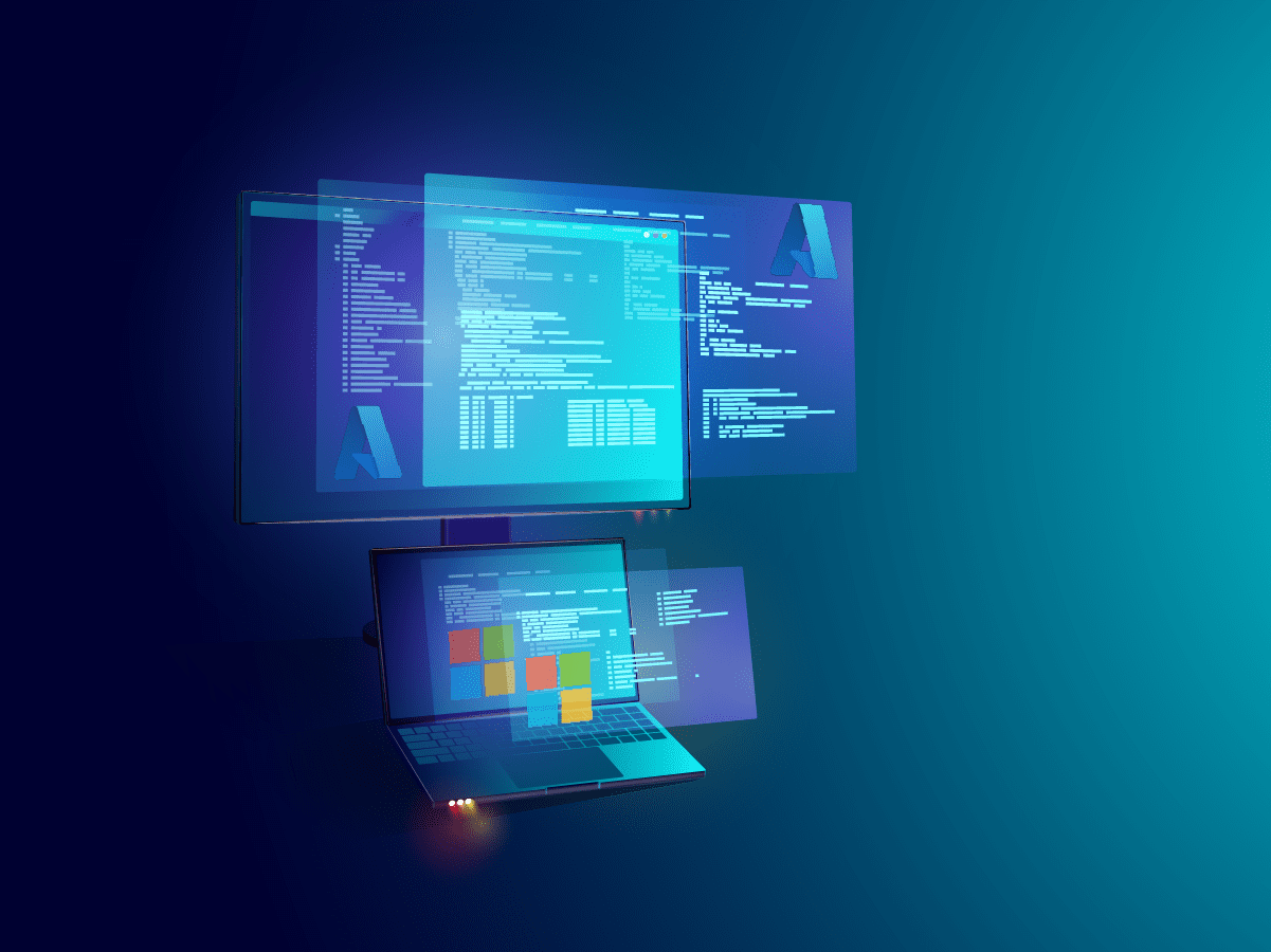 A futuristic image of a laptop with MS products. Representing the new commerce experience overview