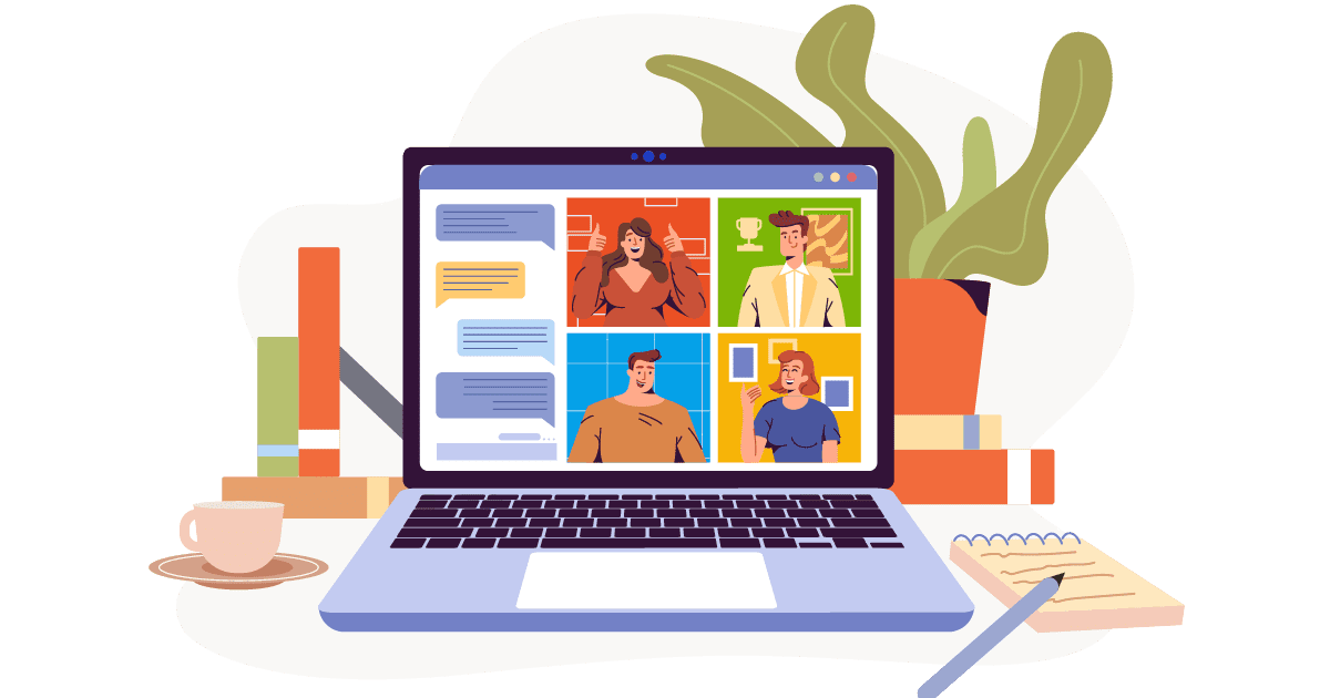 Graphic showing people in a teams call, representing Microsoft 365 for business solutions.