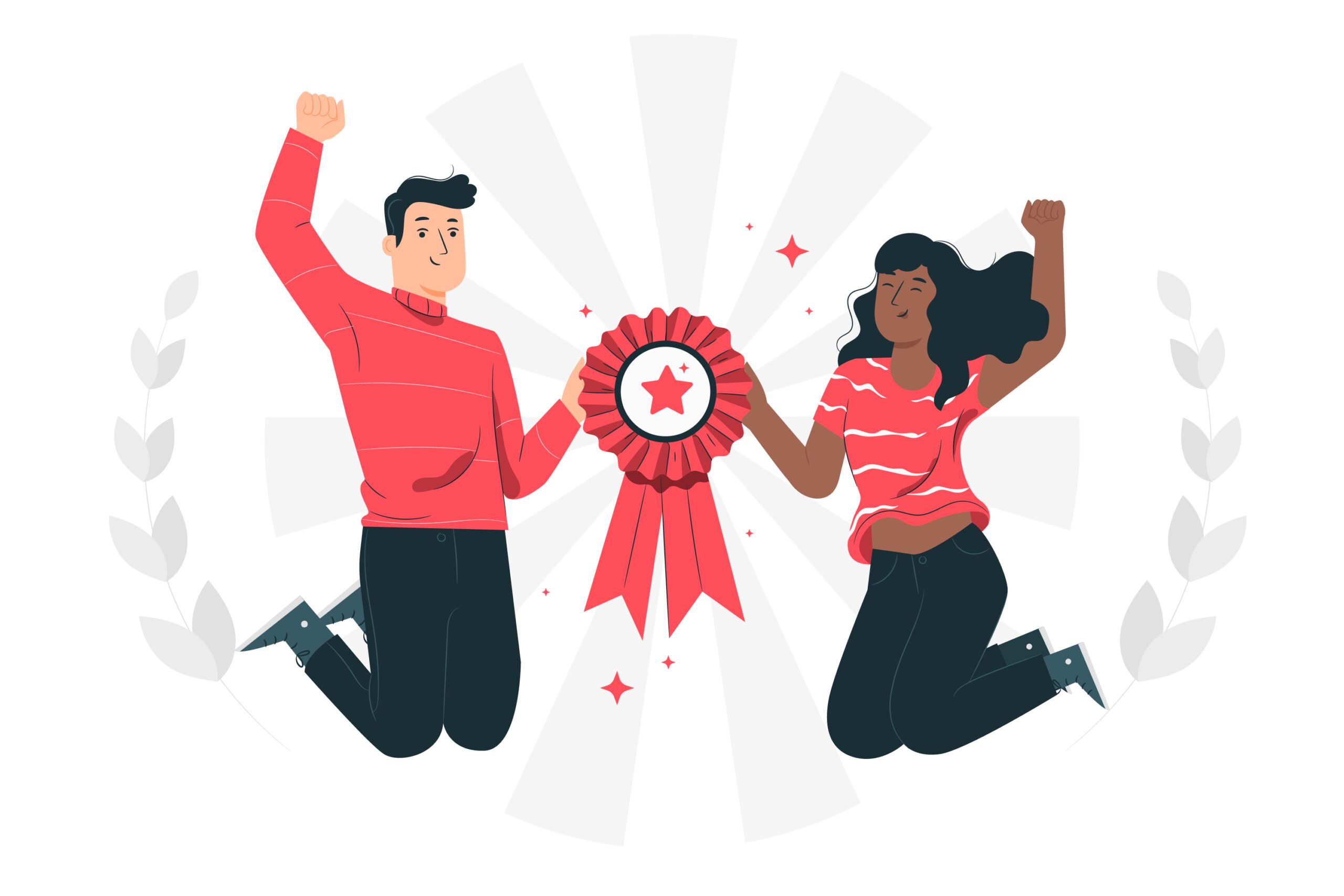 Illustration of 2 people jumping in the air with a medal between them.