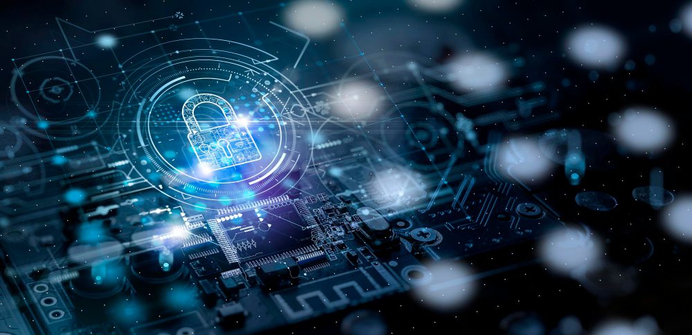 Graphic illustrations of an electronic board with holographic lines and a padlock to represent Power BI security best practices