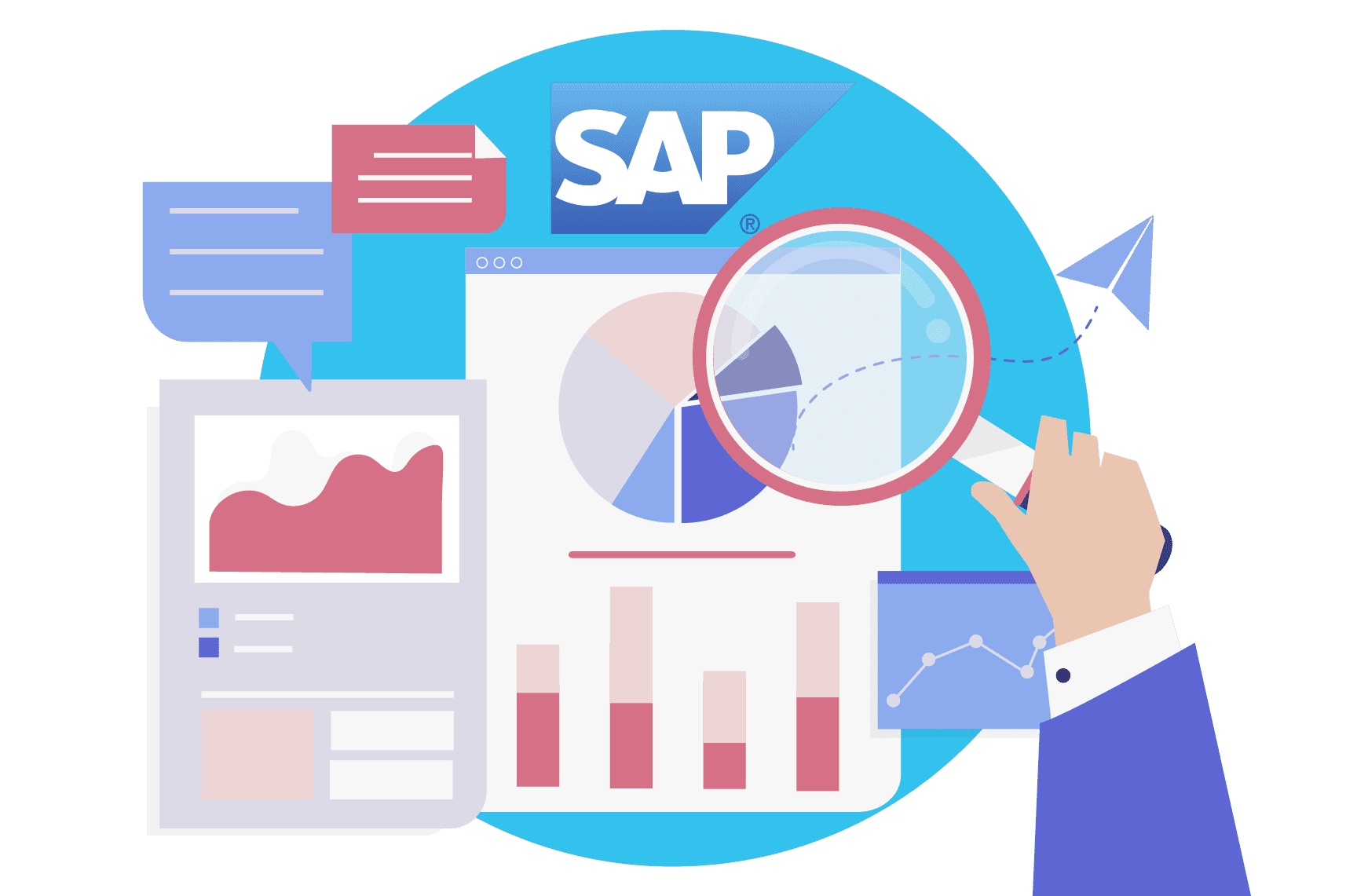 A graphic of someone looking over SAP analytics, representing the fundamental sap ourses