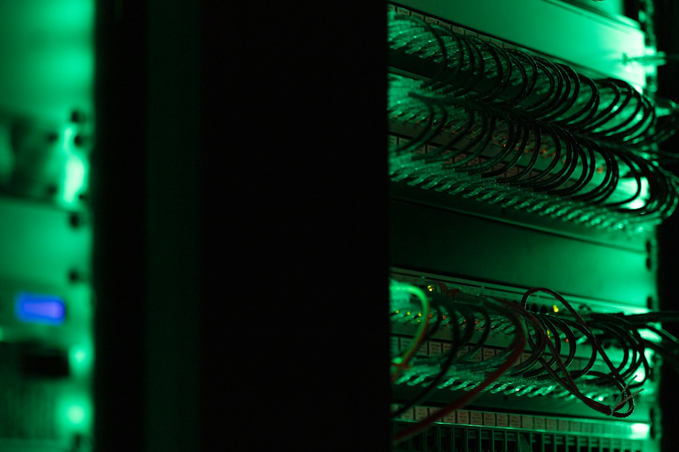 Server rack with green lights