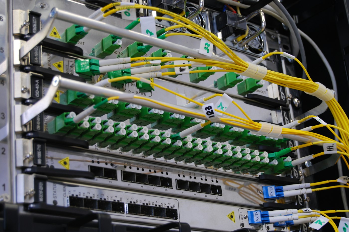 Fibre optic cables connected to a network switch