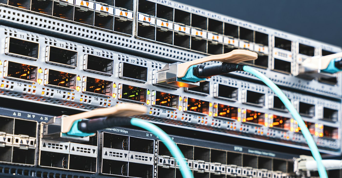 Blue network cables in a data centre