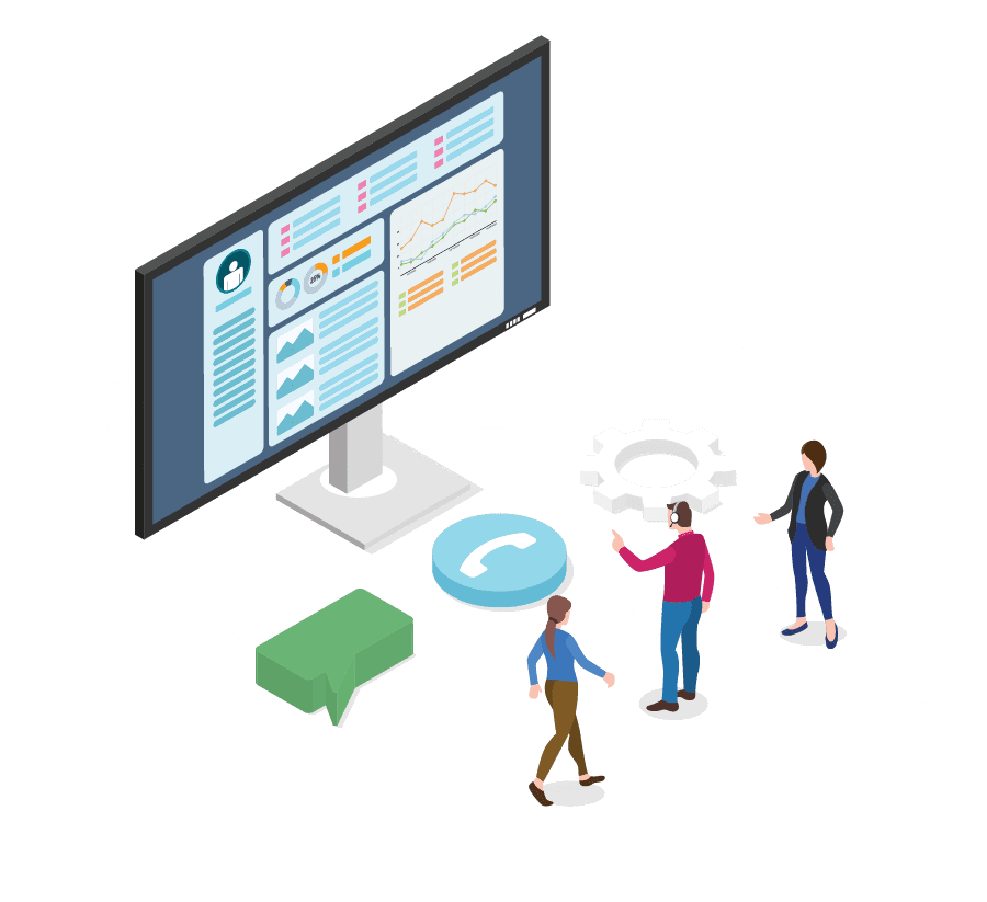 a graphic of businessman around a laptop. Representing our SAP businessobjects reporting training