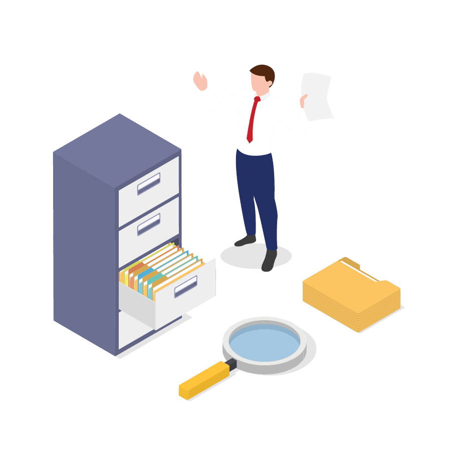 A graphic of a businessman looking for documents, rep